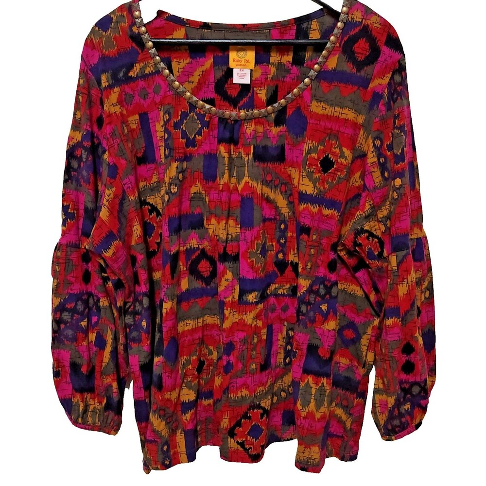 Ruby Rd Woman’s Top Size 2X Knit Top Red Purple Gold Beaded Neckline Aztec Print